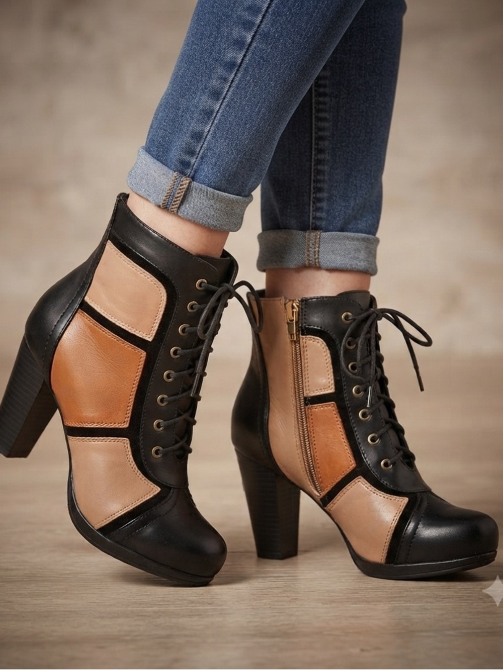 SL Design Colorblock Patchwork Heeled Ankle Boots